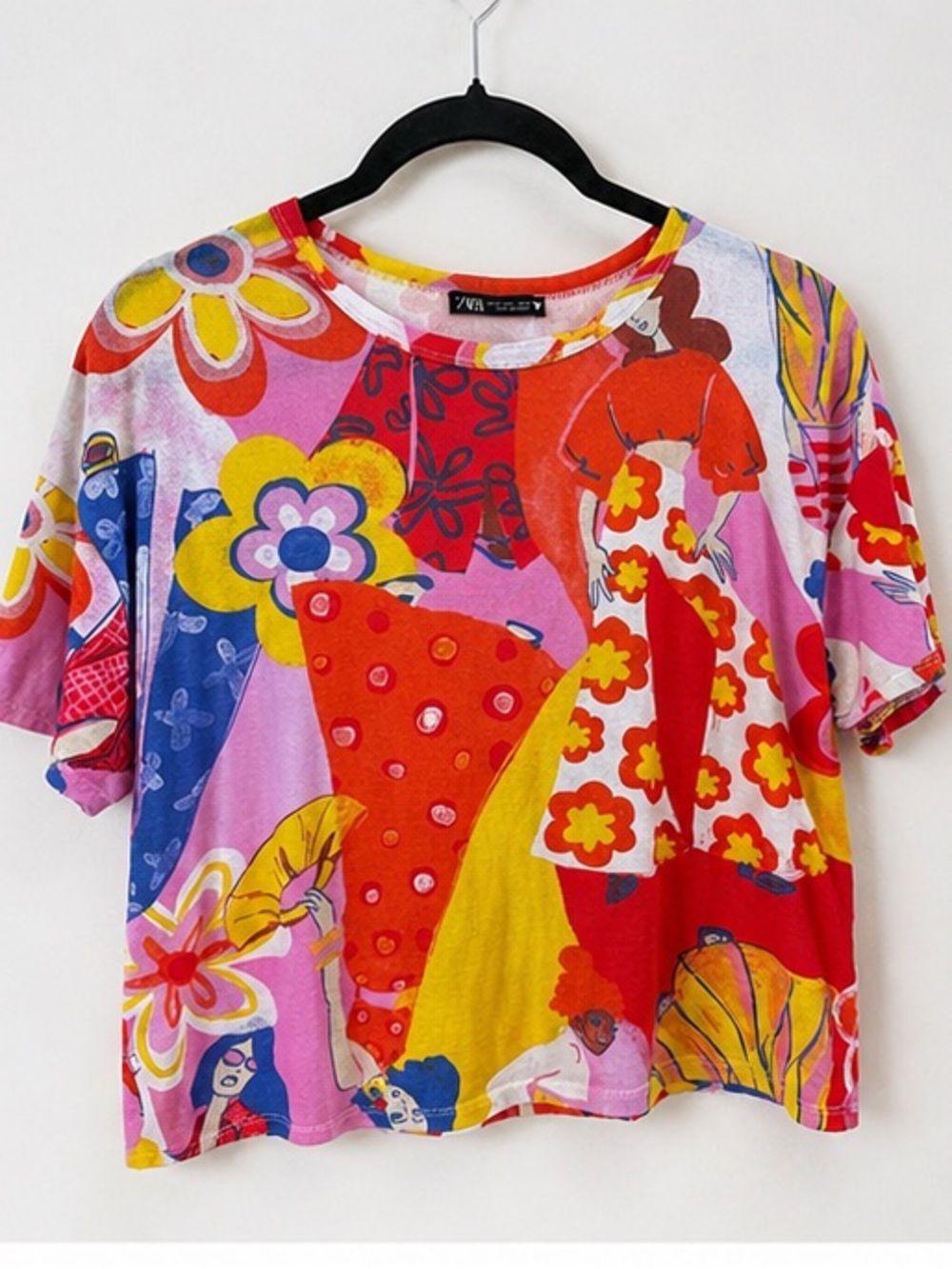 ZARA Bright Floral Print Short Sleeve Top - Pink Multicolor - Boxy Fit - Picture 3 of 6